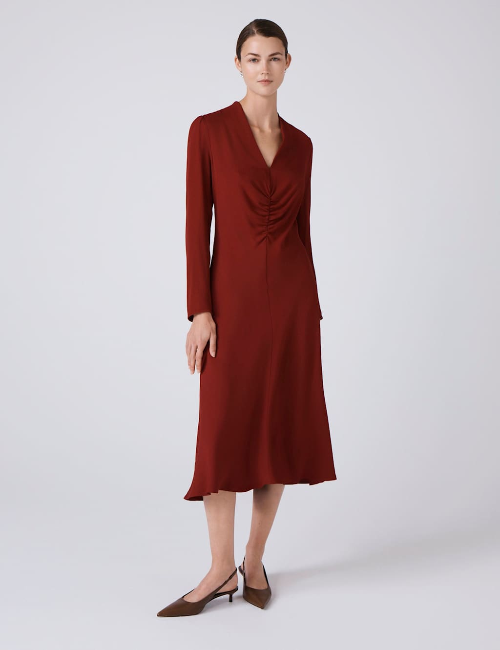 Ghost Crepe V-Neck Ruched Midi Skater Dress Purple