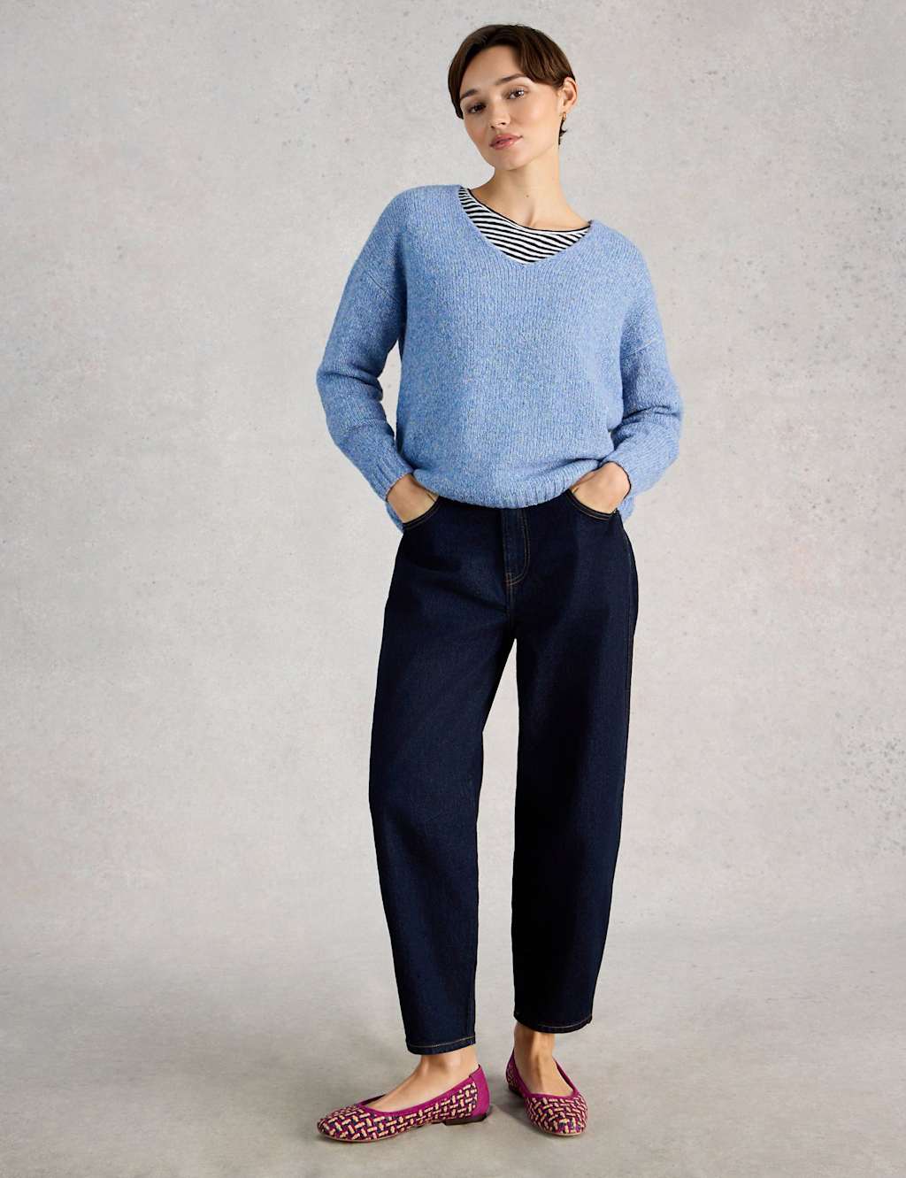 White Stuff Textured V-Neck Jumper Blue