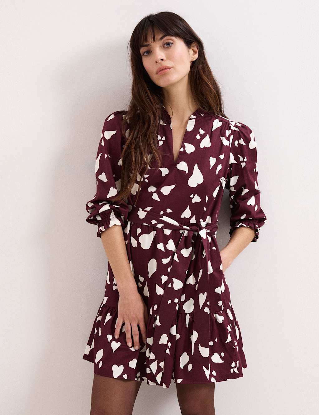 Phase Eight Women's Pure Cotton Heart Print High Neck Mini Dress - 10 - Burgundy Mix - Available at M&S