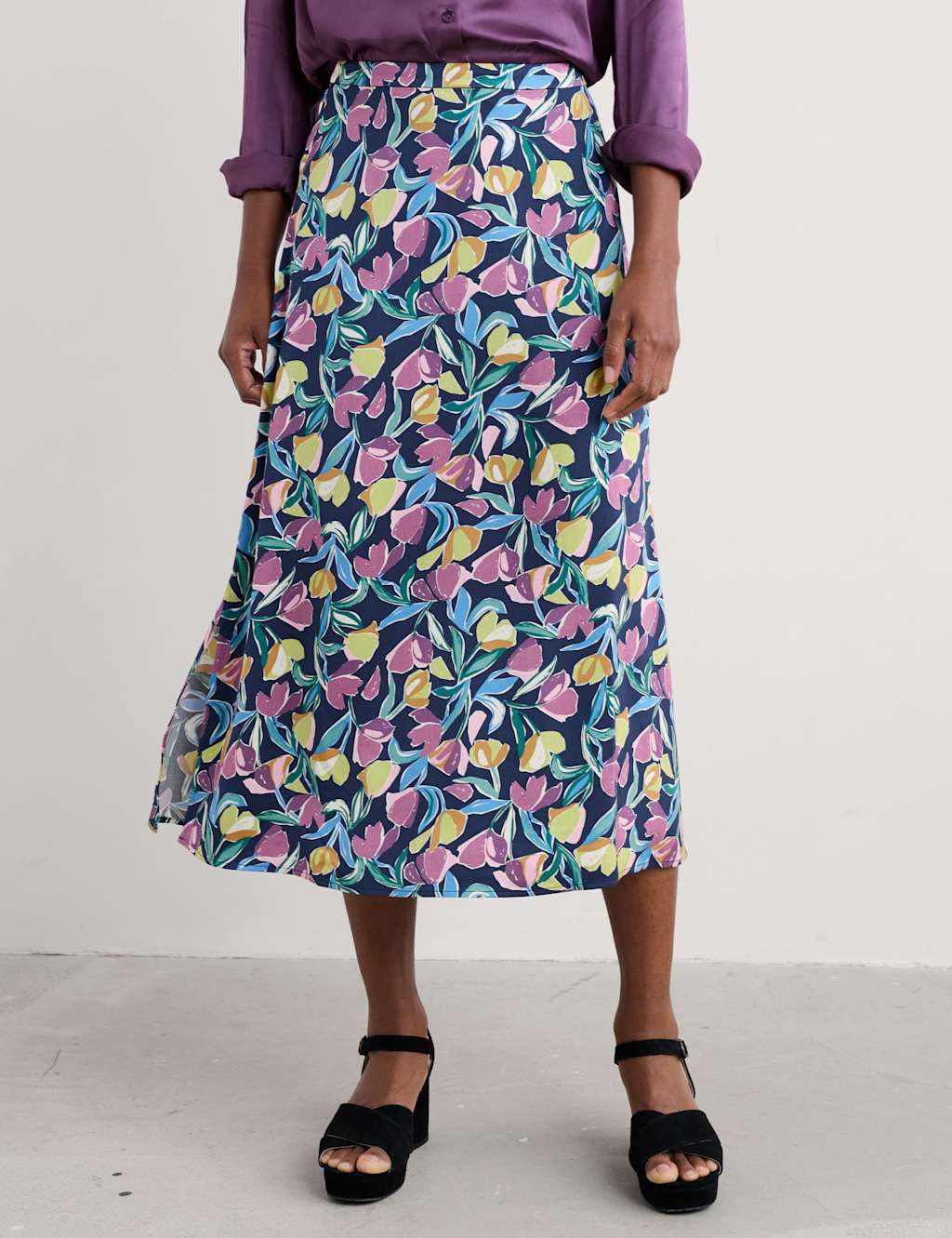 Floral Side Split Midi A-Line Skirt