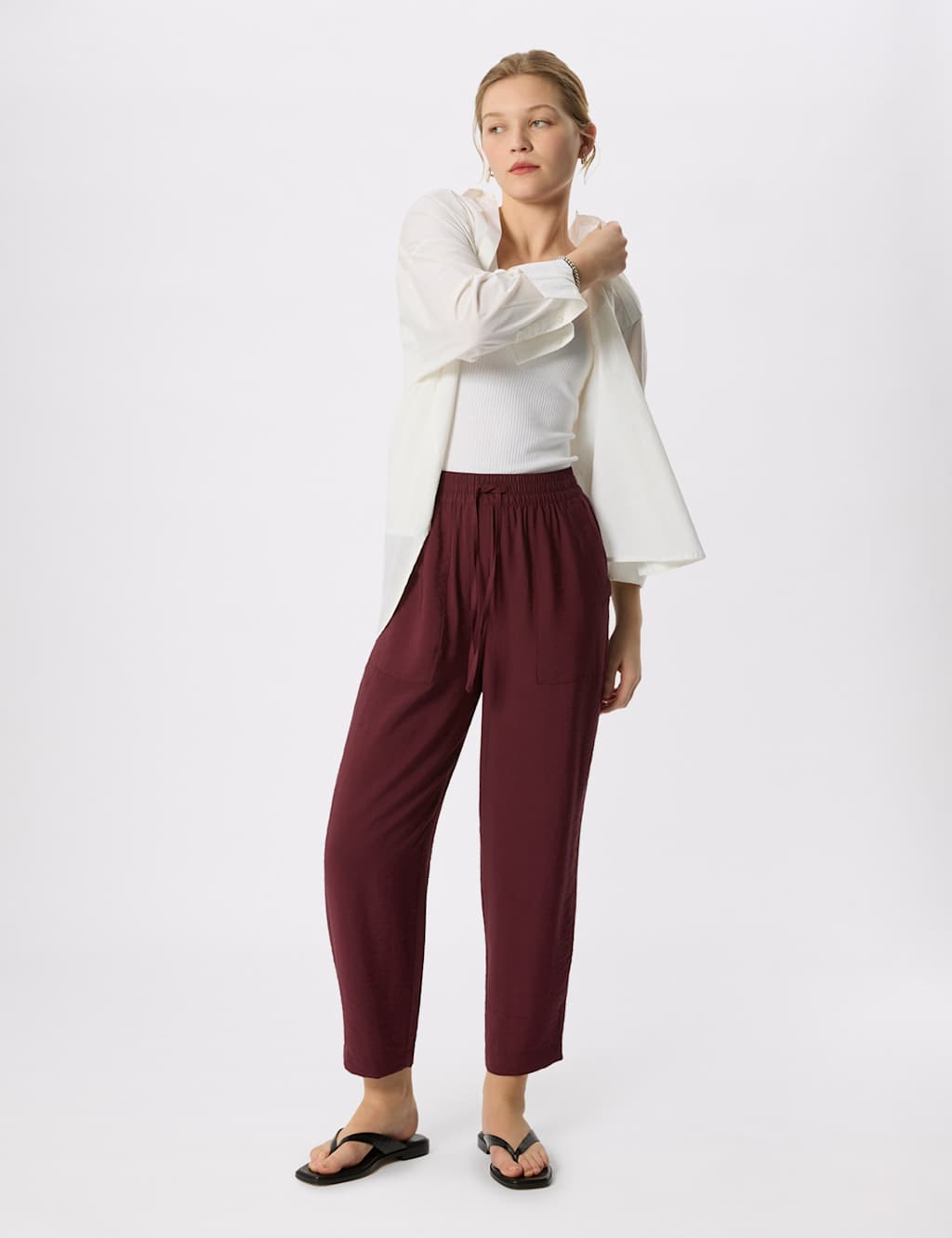 Whistles Women's Tie Waist Straight Leg Cropped Trousers - 16 - Dark Burgundy - Available at M&S