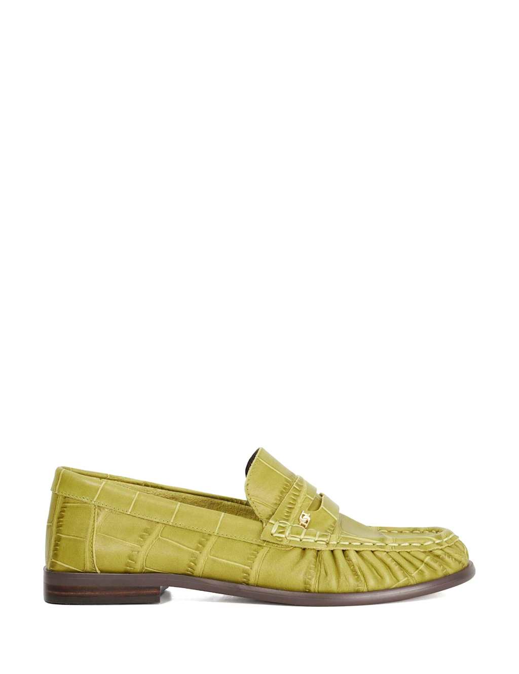 Dune London Leather Croc Ruched Detail Penny Loafers Green
