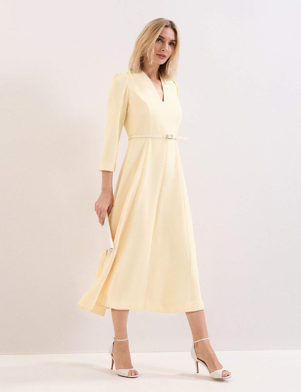 Phase Eight Women's V-Neck Belted Midi Skater Dress - 14 - Yellow - Available at M&S