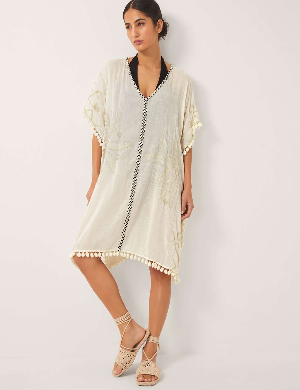 Monsoon Women's Pure Cotton Printed V-Neck Kaftan - Extra Large - Ivory - Available at M&S