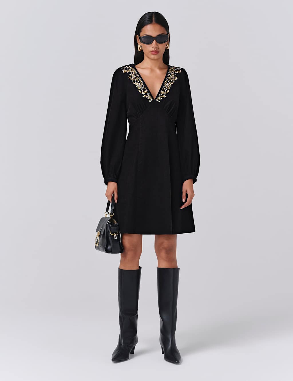 Ghost Pure Cotton Cord Embroidered V-Neck Mini Dress Black Mix