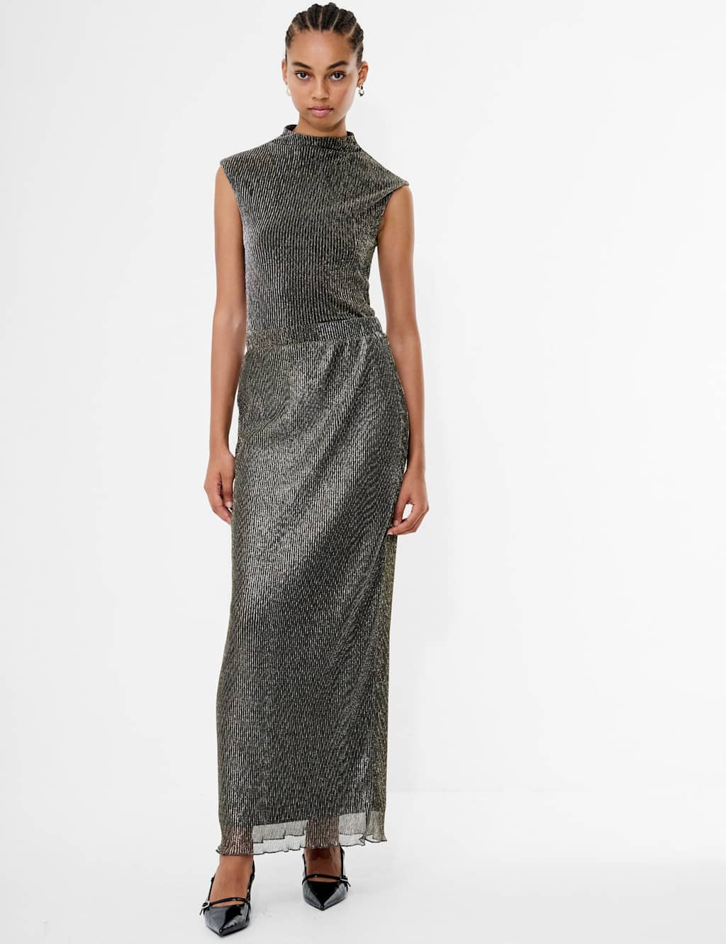 French Connection Metallic Plisse Midi Skirt Black Mix