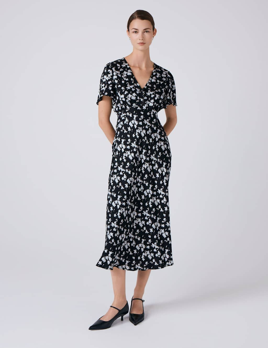 Ghost Women's Satin Floral Midi Tea Dress - 12 - Black Mix - Available at M&S