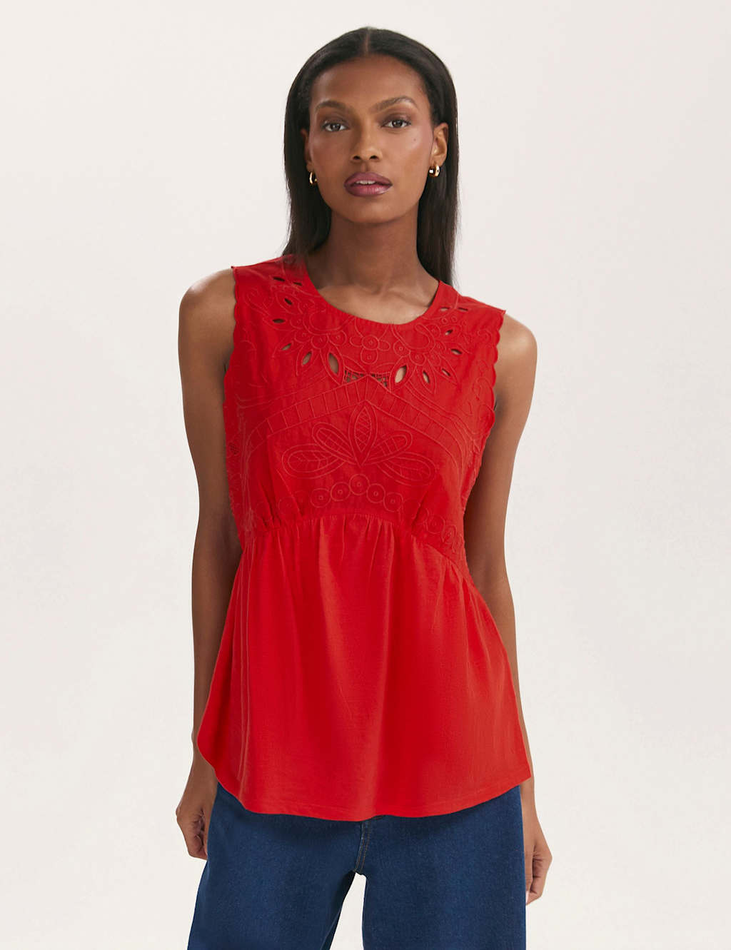 Pure Cotton Embroidered Round Neck Vest Top