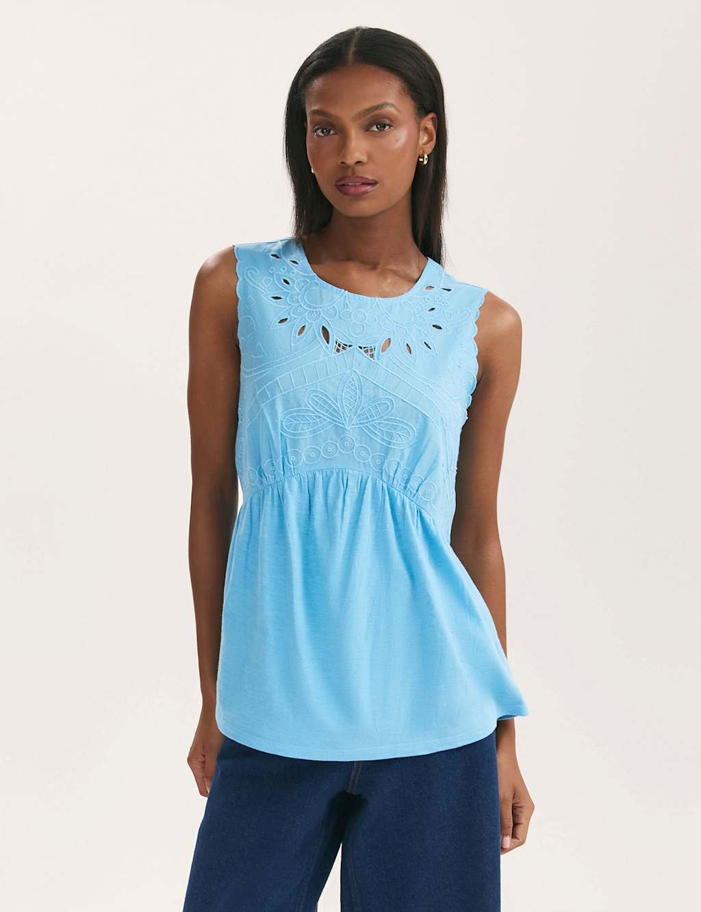 Pure Cotton Embroidered Round Neck Vest Top