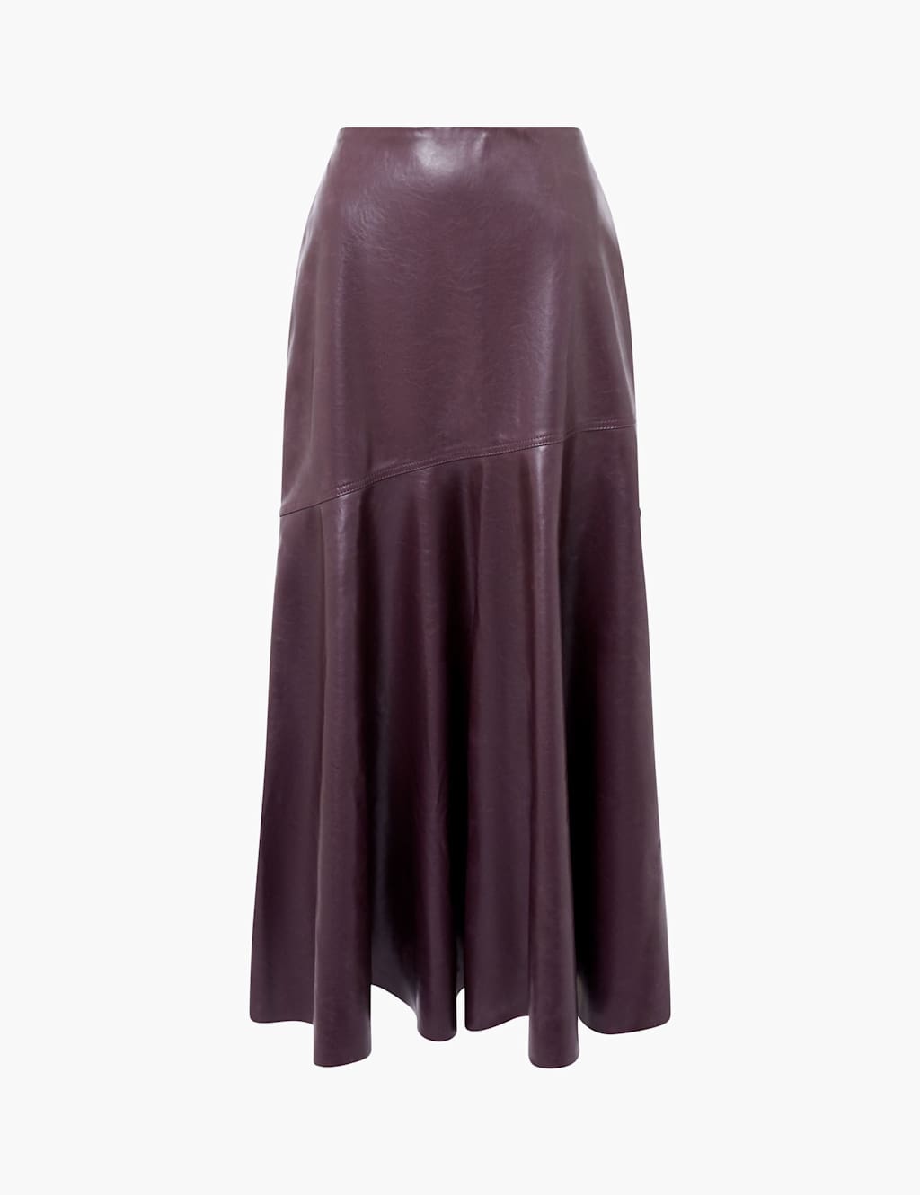 French Connection Leather Look Fluted Midi Asymmetric Skirt Burgundy