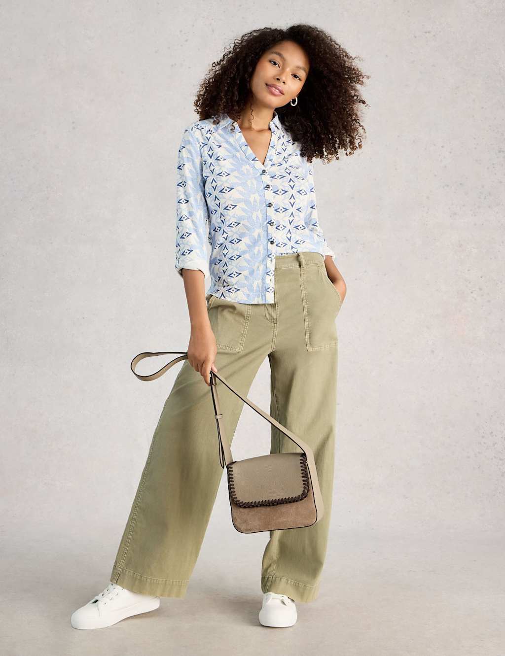 White Stuff Pure Cotton Jersey Printed Collared Shirt Blue Mix