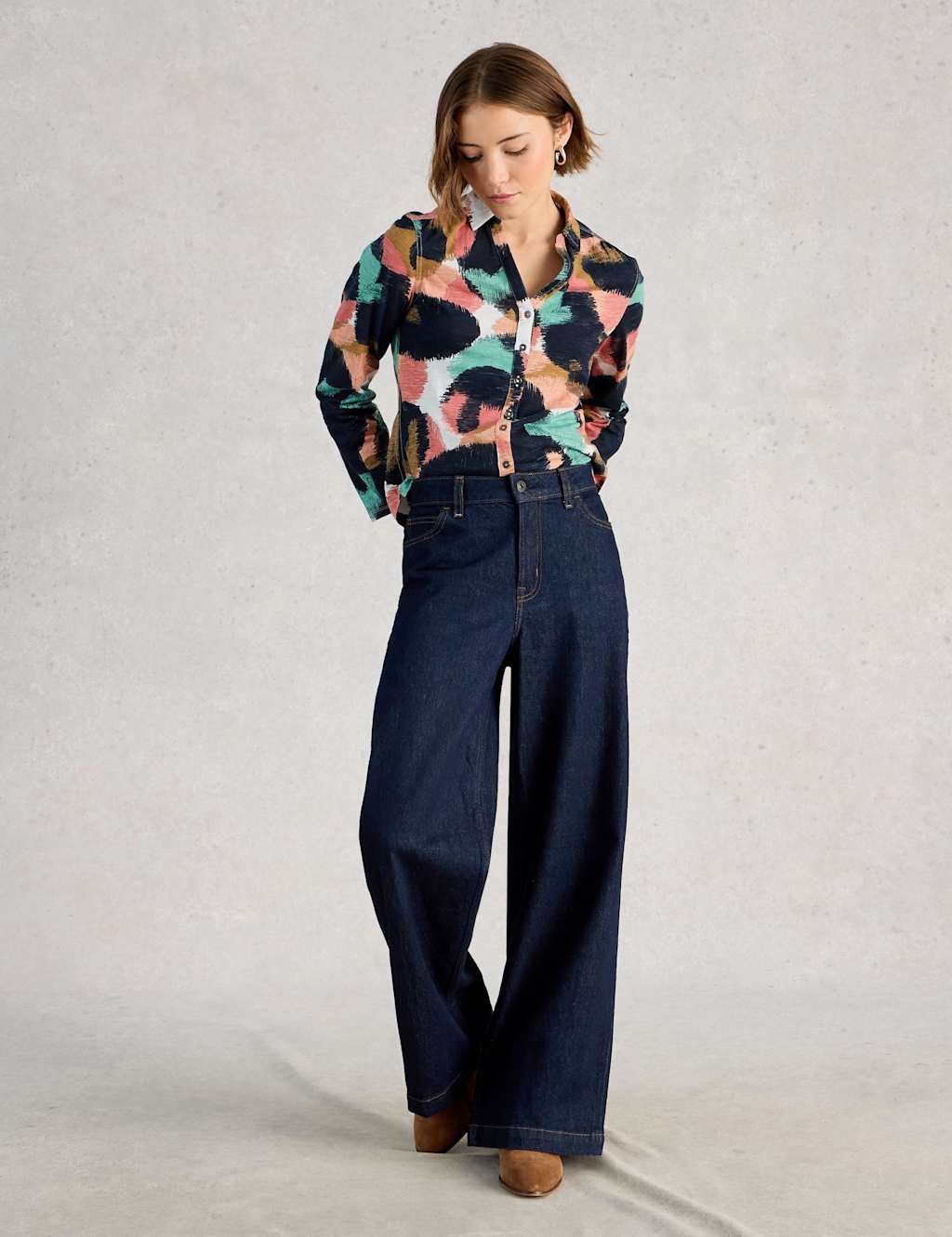 White Stuff Pure Cotton Jersey Printed Collared Shirt Navy Mix