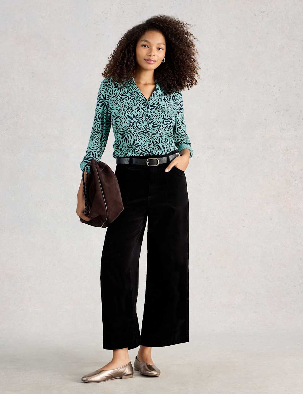 White Stuff Pure Cotton Jersey Printed Collared Shirt Teal Mix