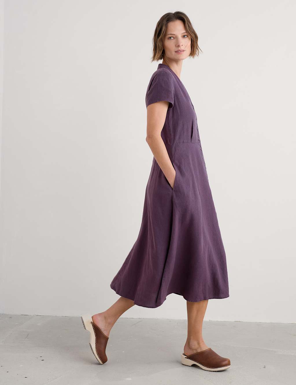 Pure Linen V-Neck Midi Shirt Dress