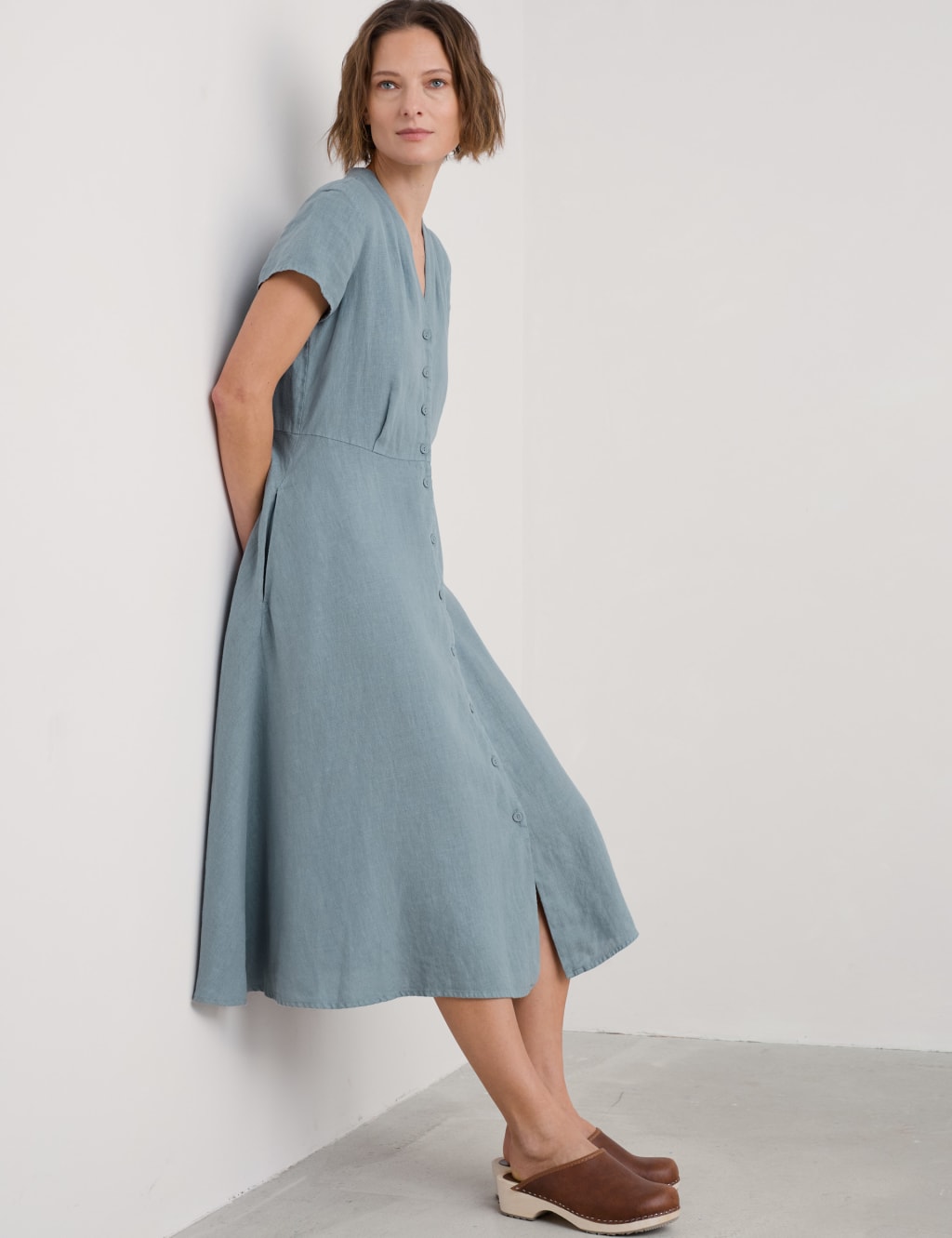 Pure Linen V-Neck Midi Shirt Dress