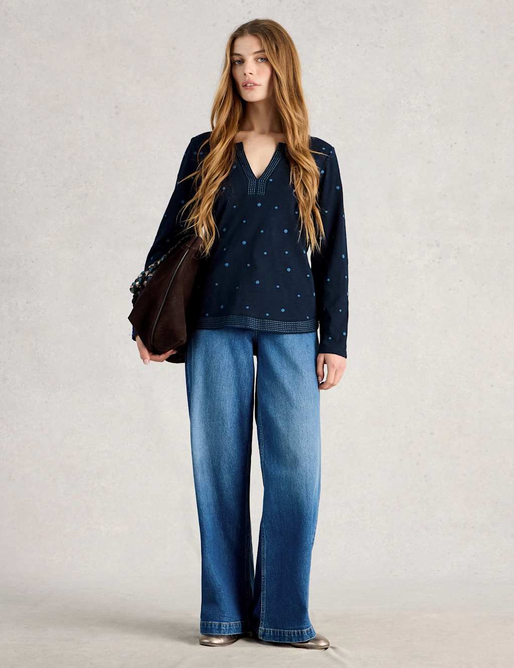 White Stuff Women's Pure Cotton Embroidered Notch Neck Top - 14 - Navy Mix - Available at M&S