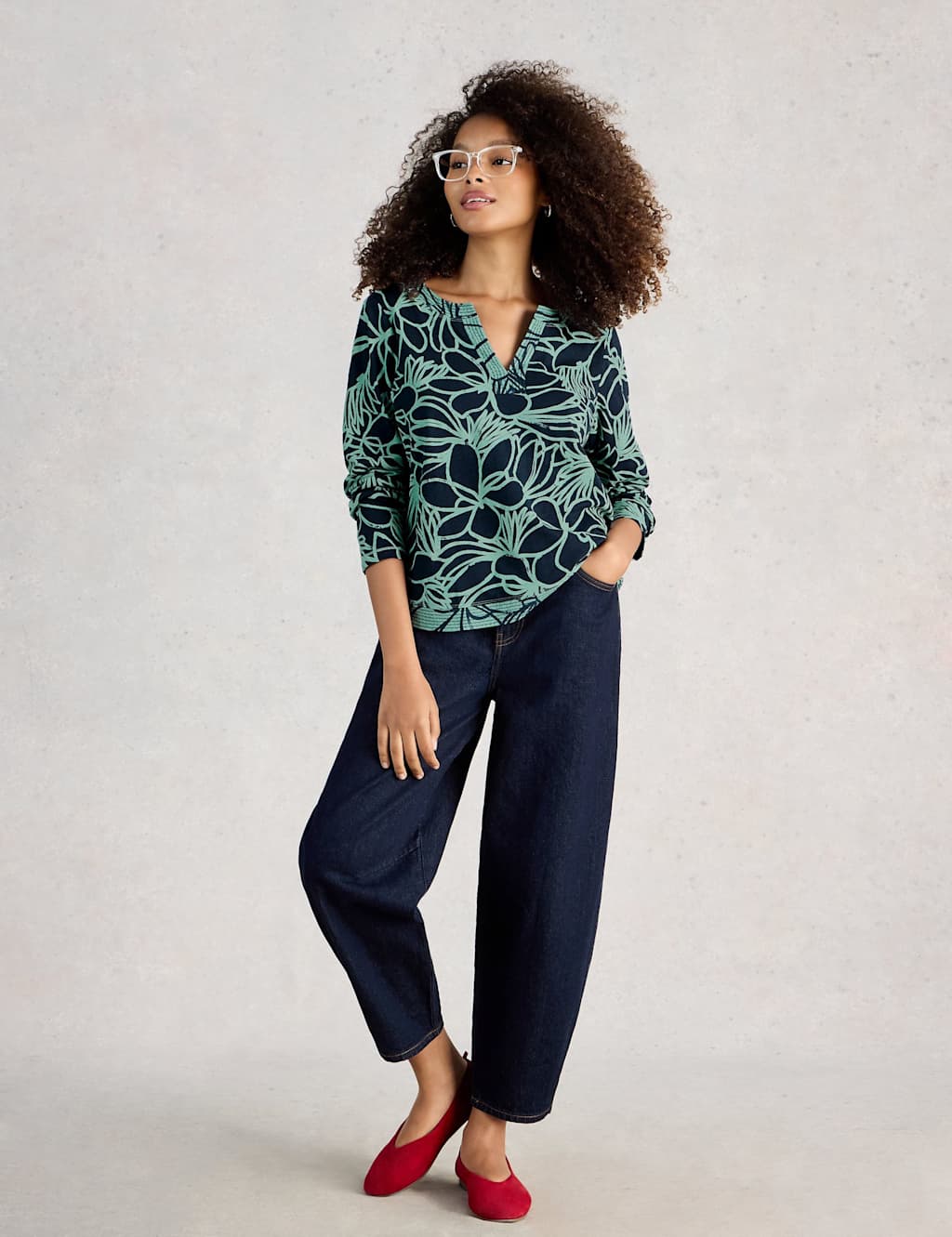 White Stuff Women's Pure Cotton Floral Notch Neck Top - 16 - Navy Mix - Available at M&S