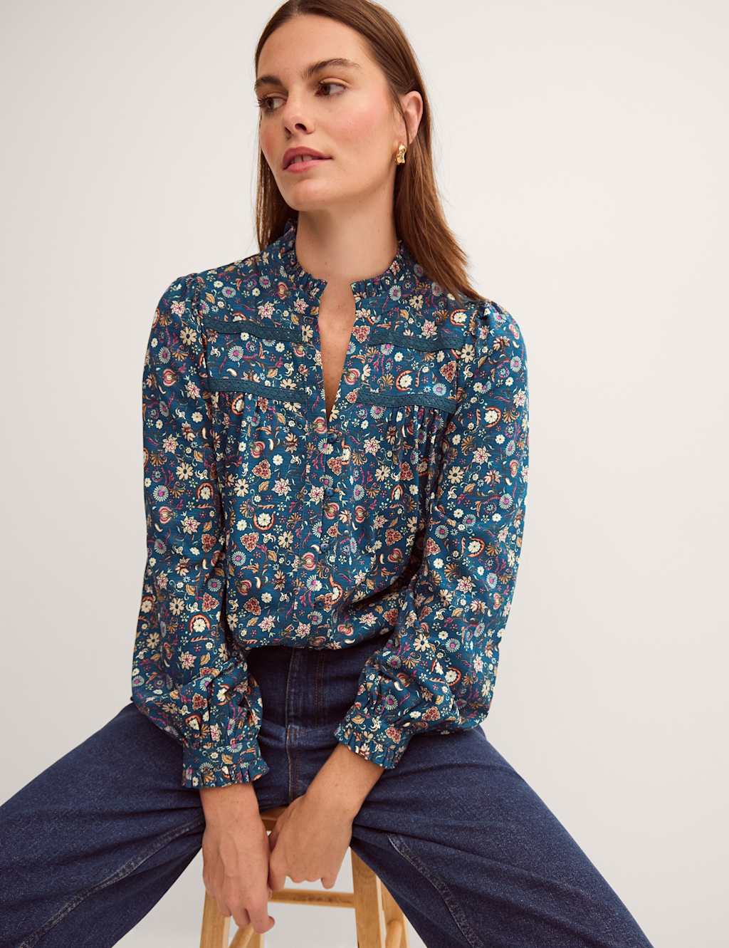 Monsoon Women's Jersey Ditsy Floral Ruffle Collar Shirt - Small - Teal Mix - Available at M&S