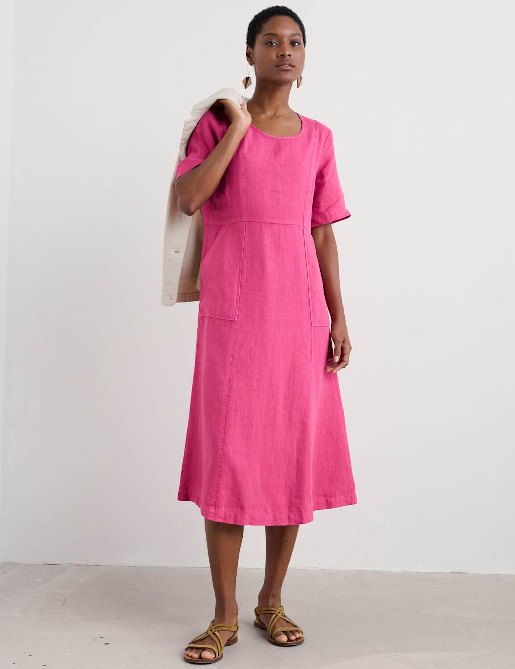 Pure Linen Scoop Neck Midi Waisted Dress