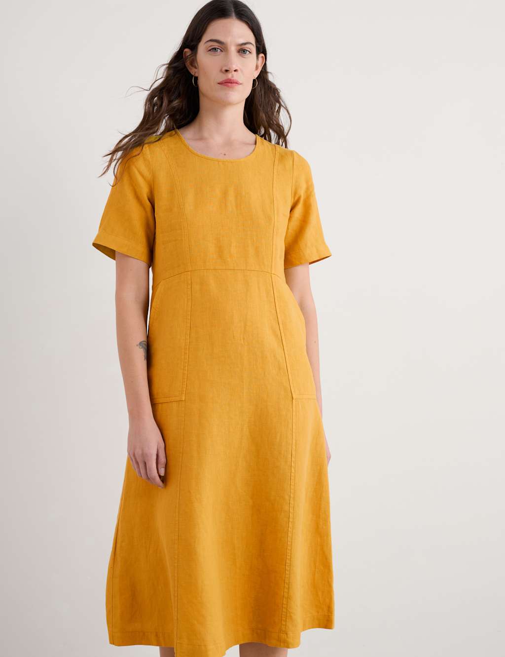 Pure Linen Scoop Neck Midi Waisted Dress