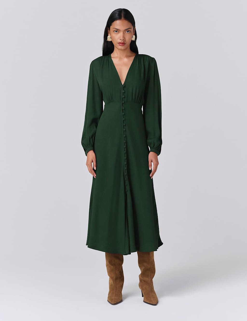 Ghost Crepe Button Through Midi Skater Dress Green