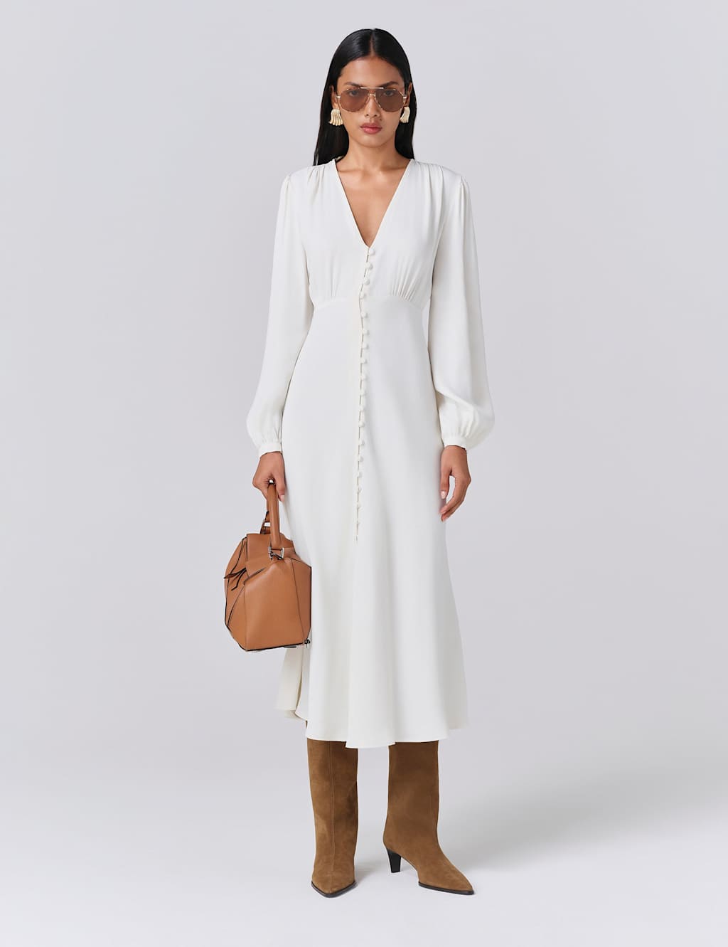 Ghost Crepe Button Through Midi Skater Dress Ivory