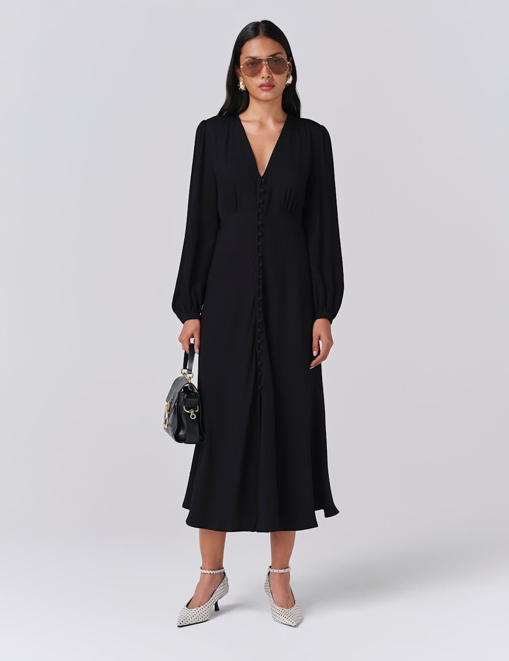 Ghost Crepe Button Through Midi Skater Dress Black