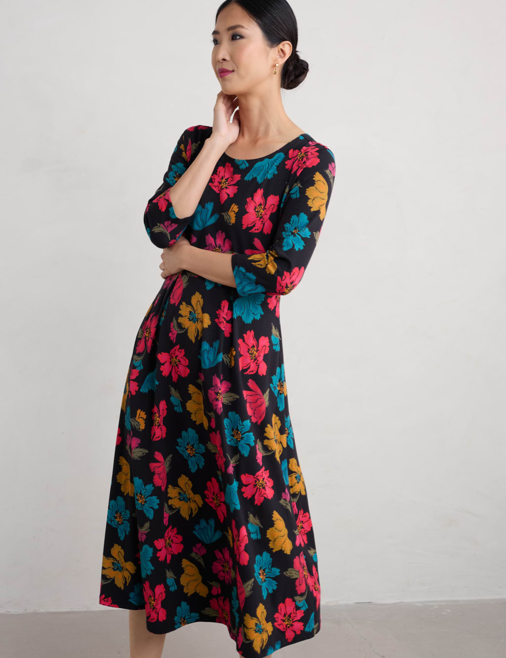 Cotton Rich Floral Midi Waisted Dress