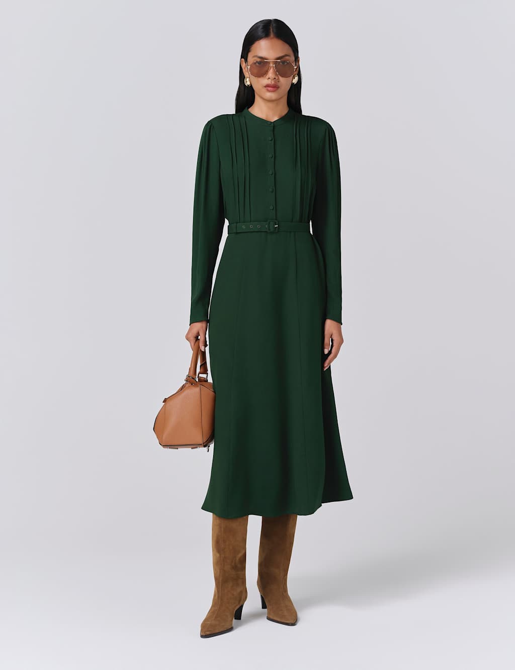 Ghost Crepe Pintuck Button Front Midi Waisted Dress Green