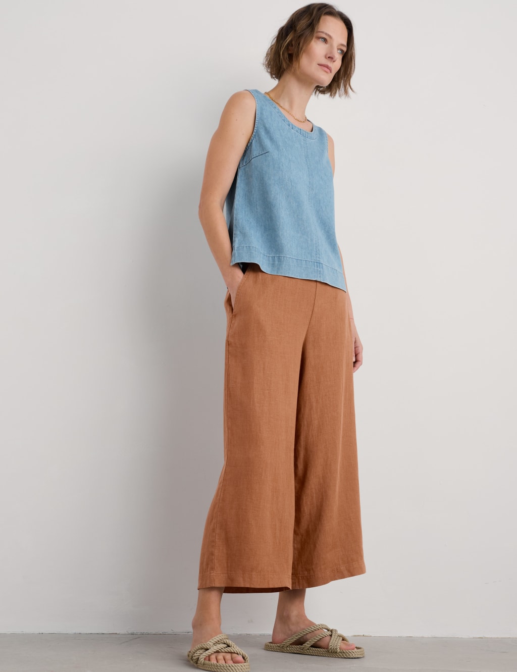 Pure Linen Side Zip Wide Leg Culottes
