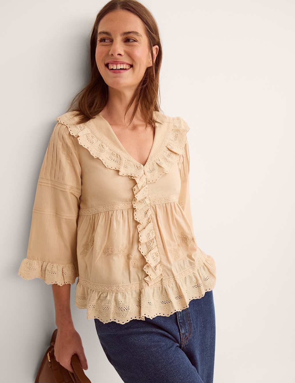 Monsoon Women's Pure Cotton Embroidered Blouse - Large - Camel - Available at M&S