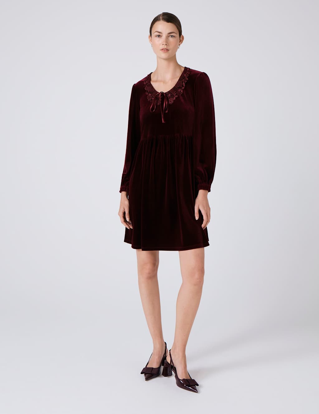 Ghost Velvet Tie Neck Knee Length Smock Dress Purple
