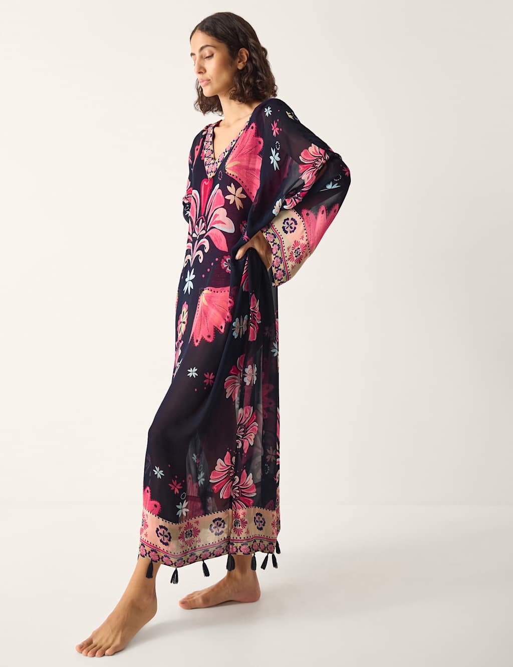 Monsoon Women's Floral V-Neck Relaxed Kaftan Dress - Navy - Available at M&S