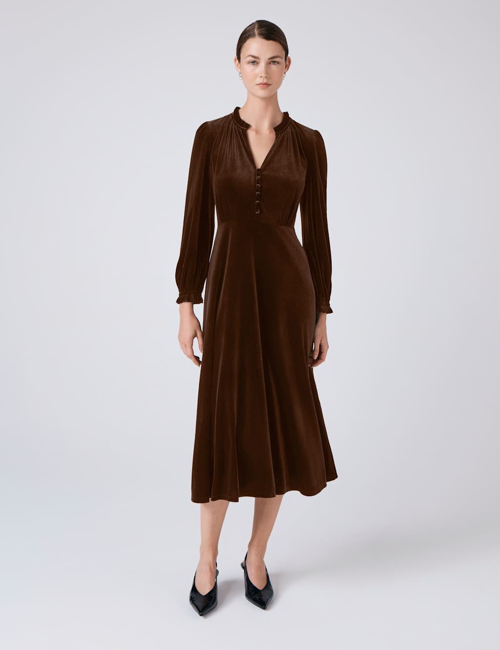 Ghost Velvet V-Neck Button Front Midi Skater Dress Brown