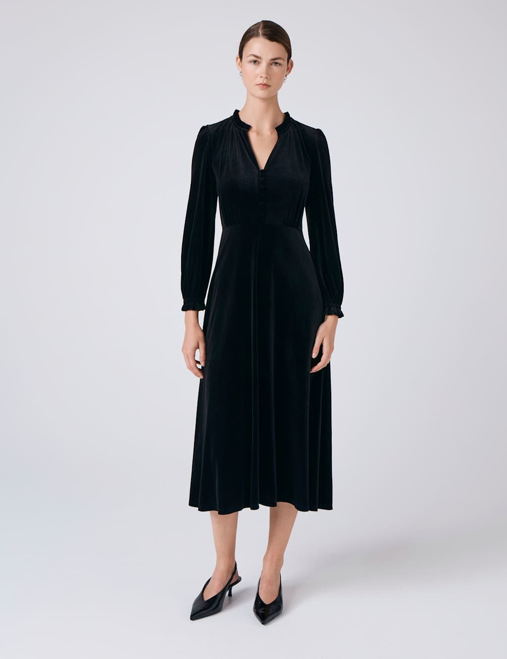 Ghost Velvet V-Neck Button Front Midi Skater Dress Black