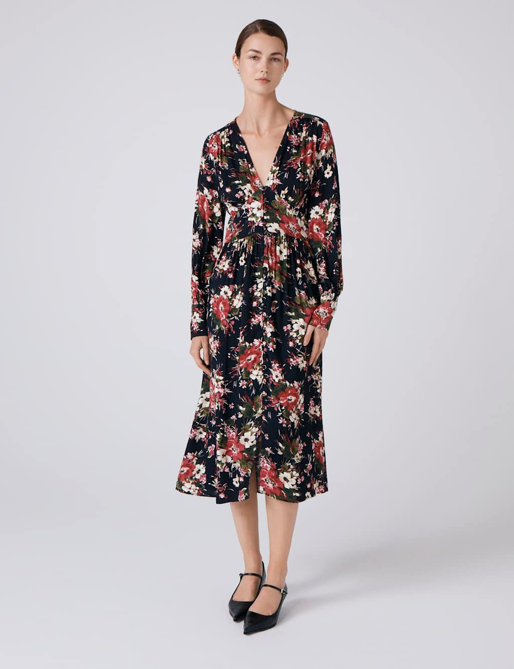 Ghost Crepe Floral V-Neck Midi Waisted Dress Black Mix