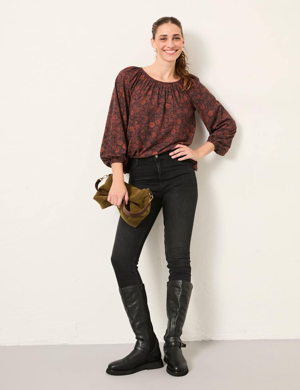FatFace Cotton Rich Floral Round Neck Blouse Black Mix