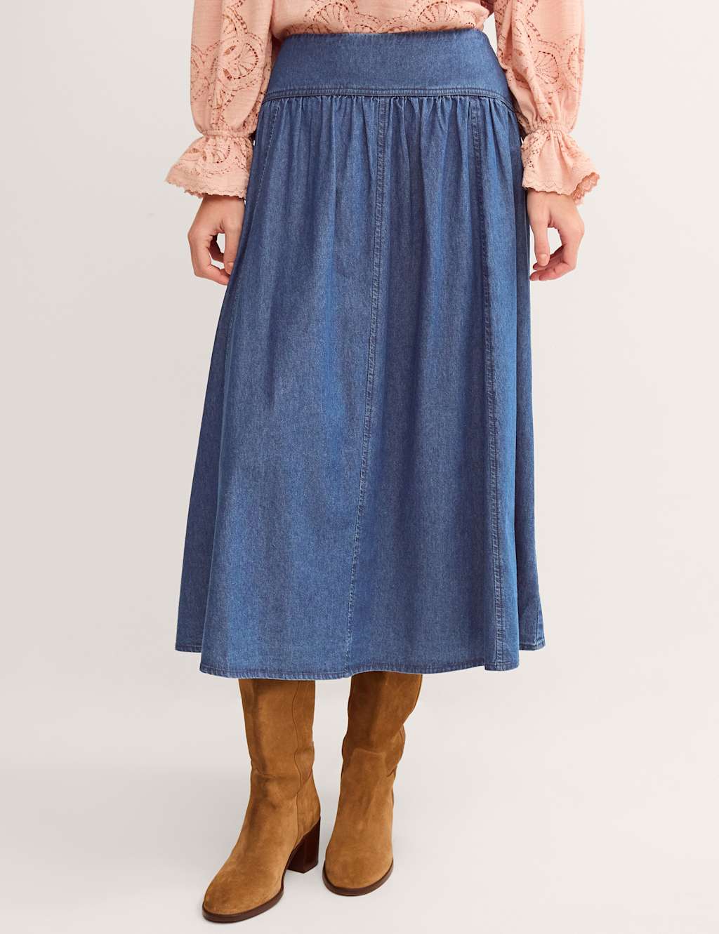 Monsoon Women's Denim Seam Detail Midi Drop Waist Skirt - 10 - Blue - Available at M&S
