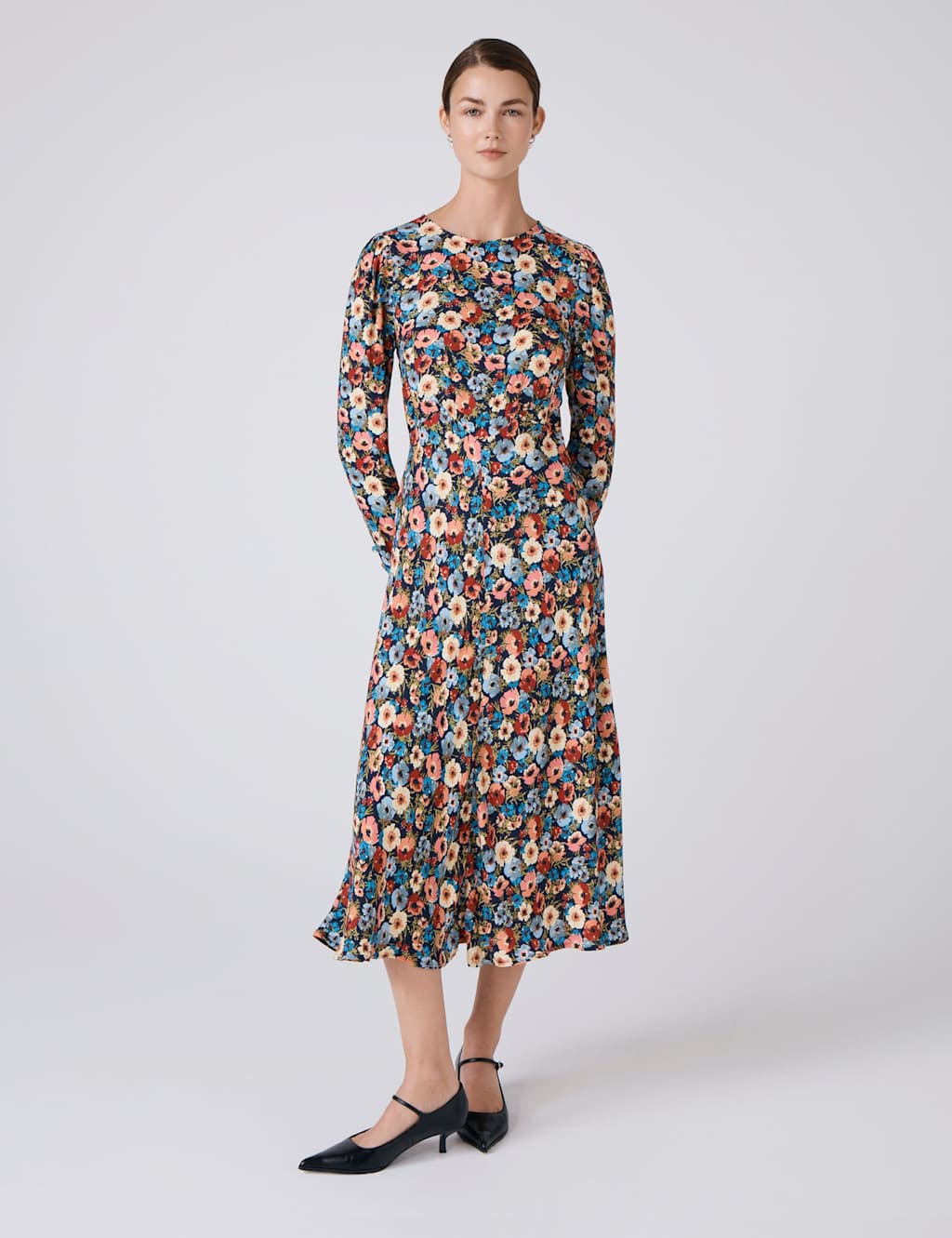 Ghost Crepe Floral Midi Skater Dress Blue Mix