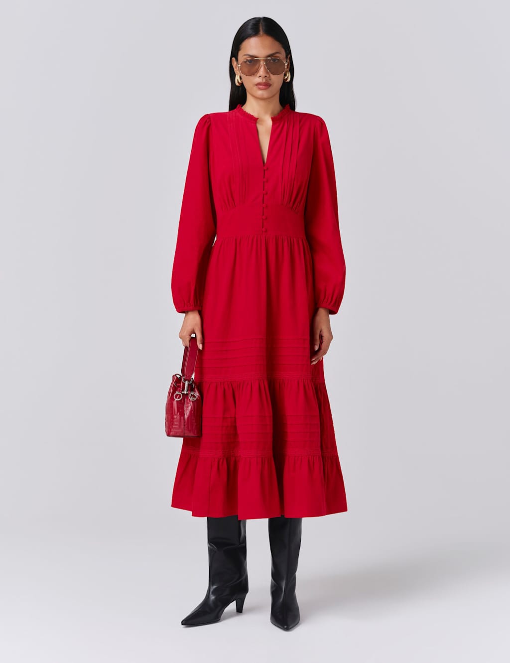 Ghost Pure Cotton Cord V-Neck Midi Tiered Dress Red