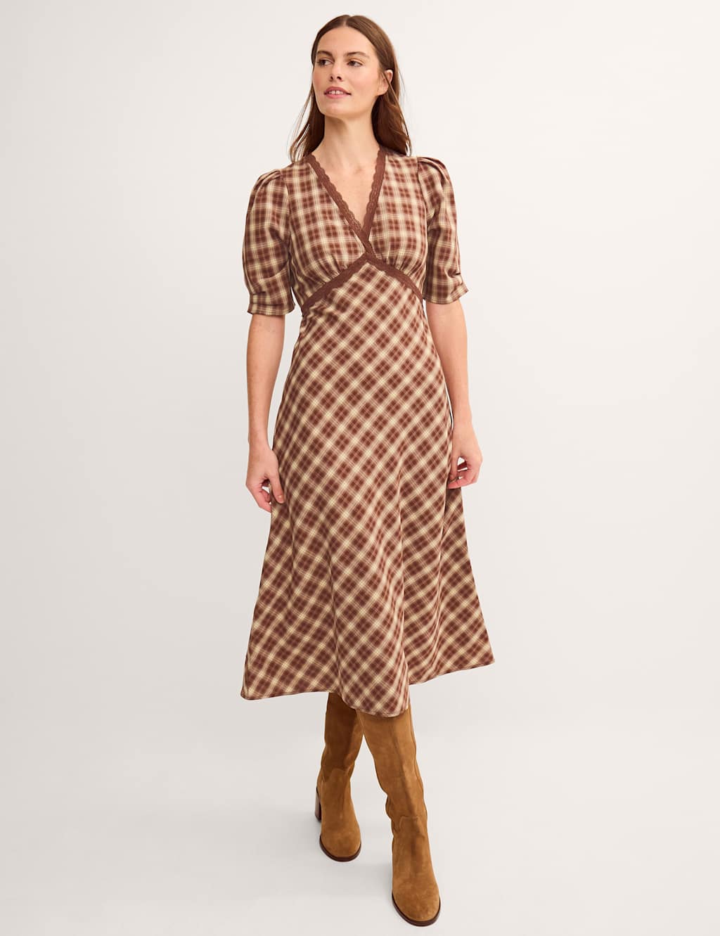 Monsoon Women's Checked V-Neck Midi Tea Dress - 16 - Brown Mix - Available at M&S