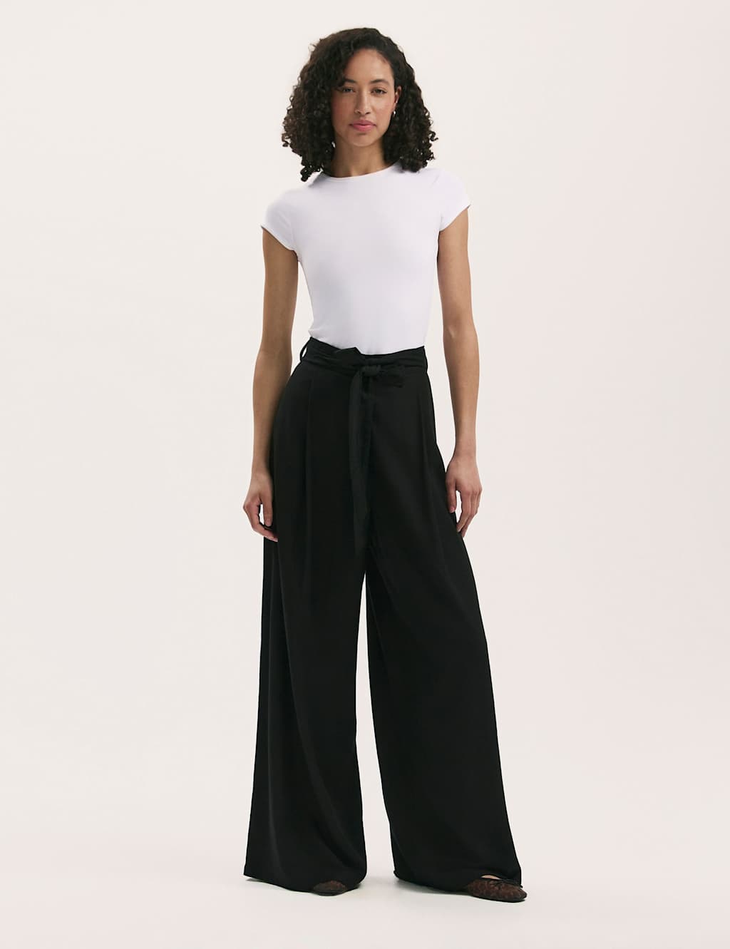 Linen Blend Belted Wide Leg Trousers