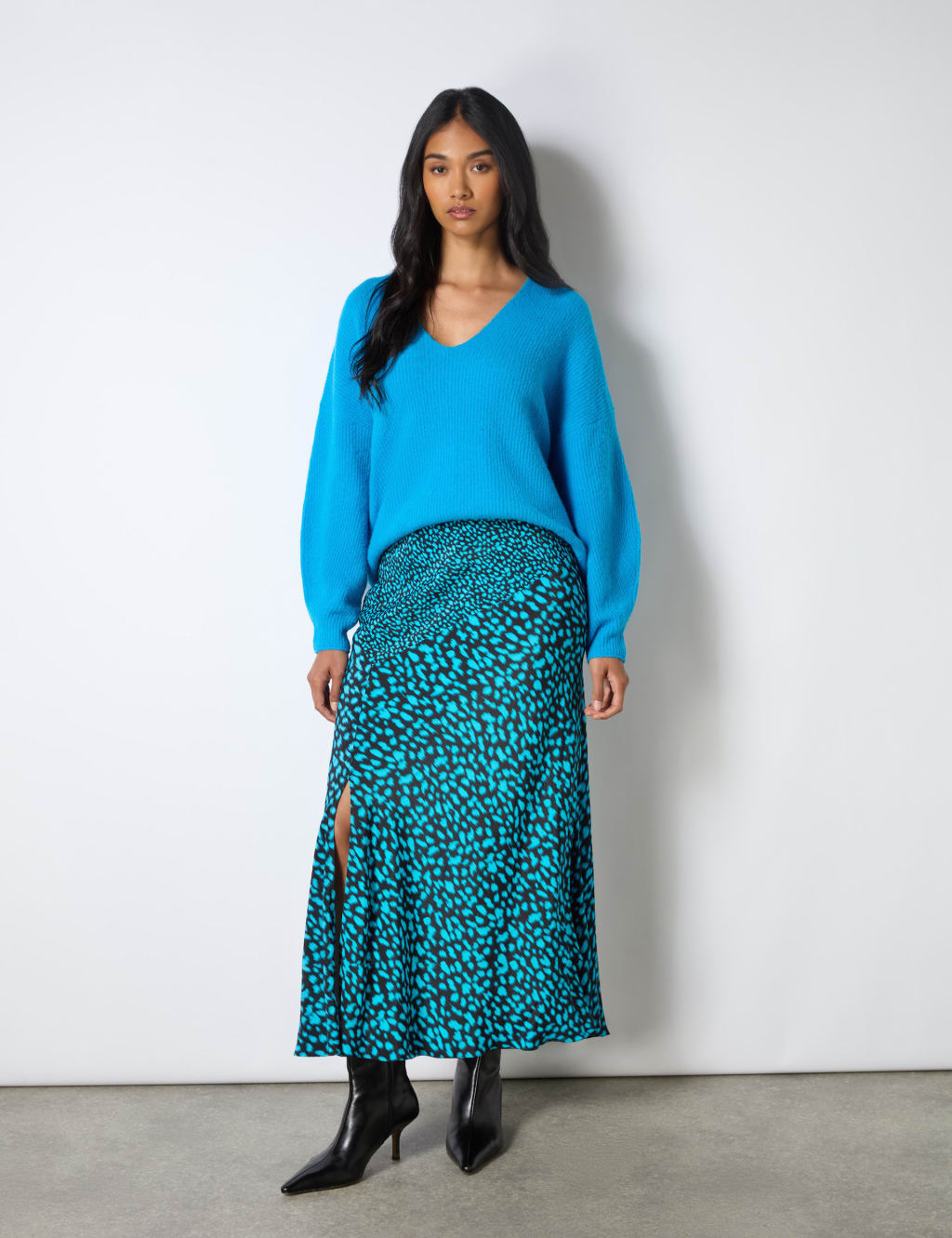 Printed Split Front Midi A-Line Skirt