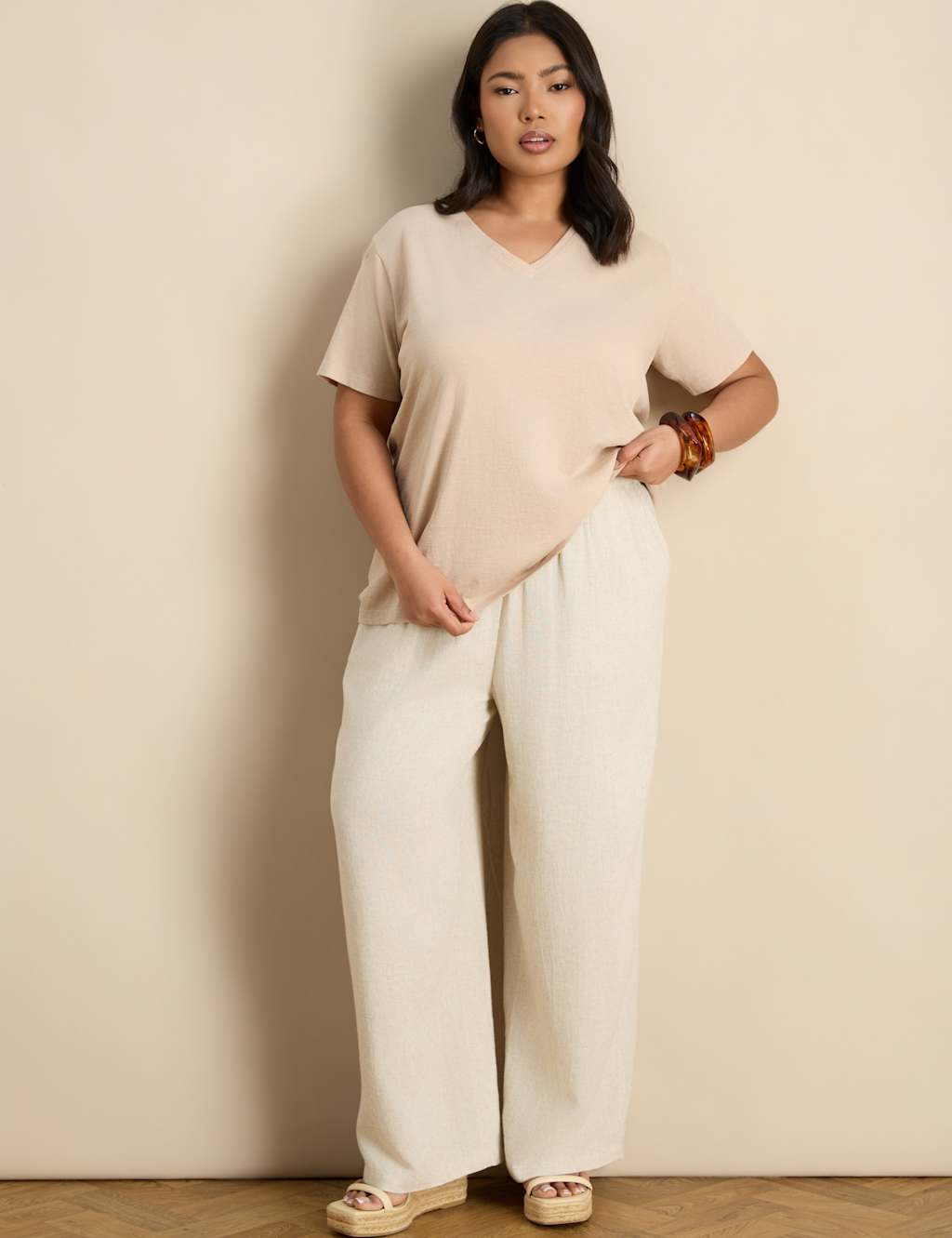 Live Unlimited London Women's Linen Blend Drawstring Wide Leg Trousers - 28 - Oatmeal - Available at M&S