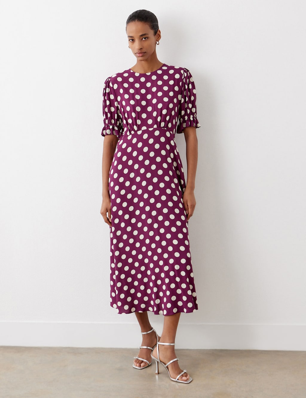 Polka Dot Puff Sleeve Midi Waisted Dress