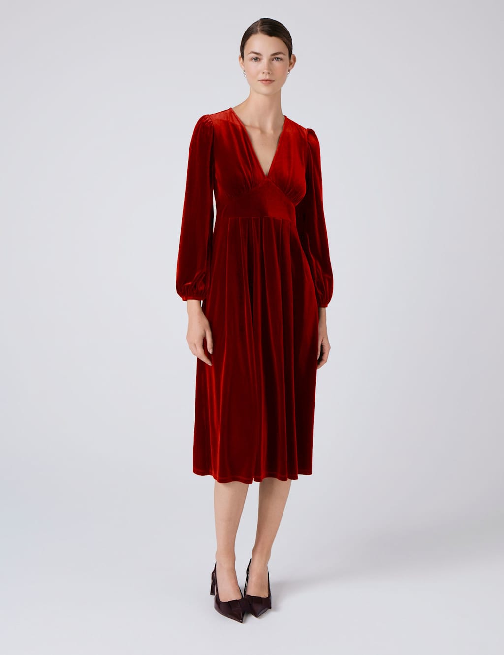 Ghost Velvet V-Neck Midi Skater Dress Red