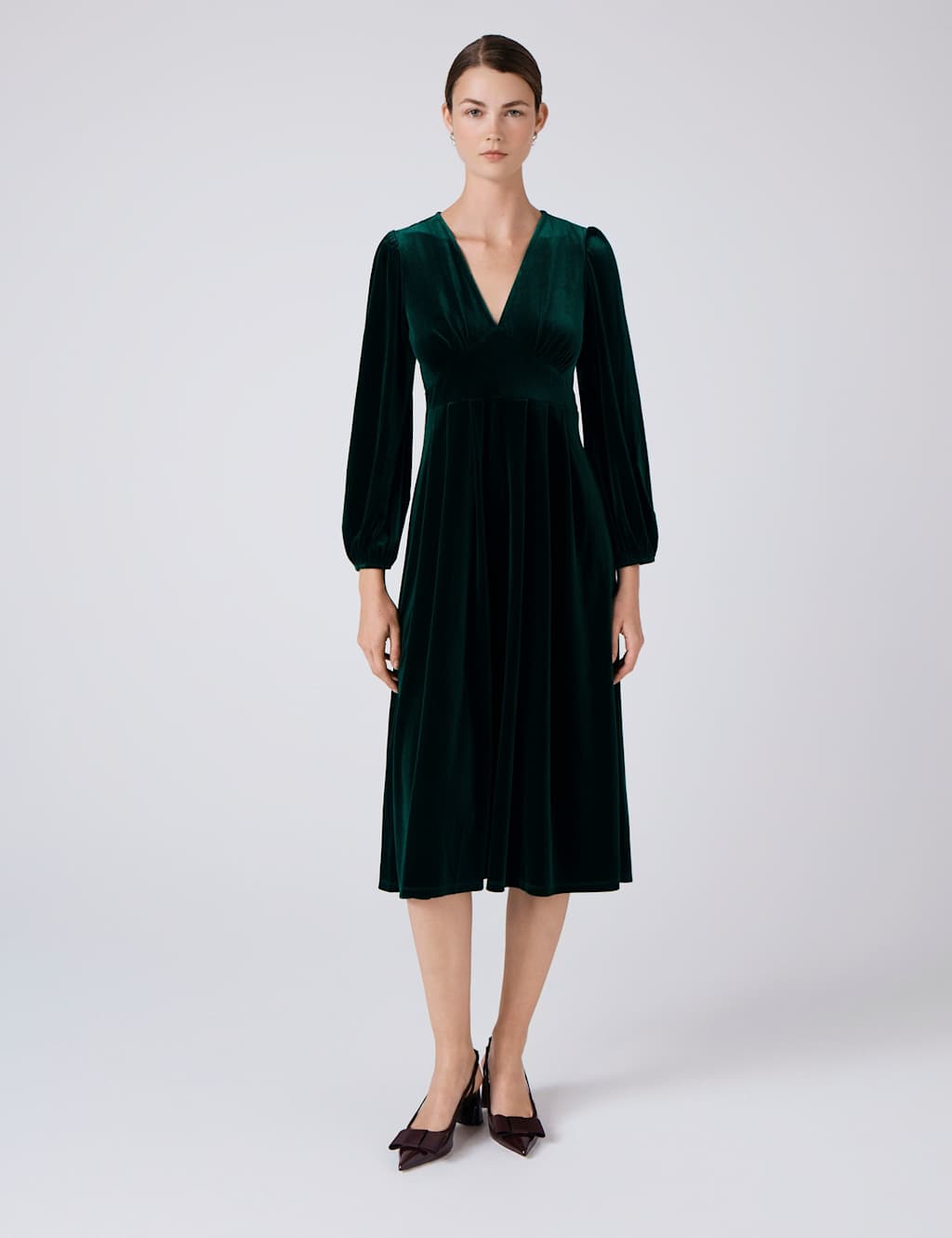 Ghost Velvet V-Neck Midi Skater Dress Green