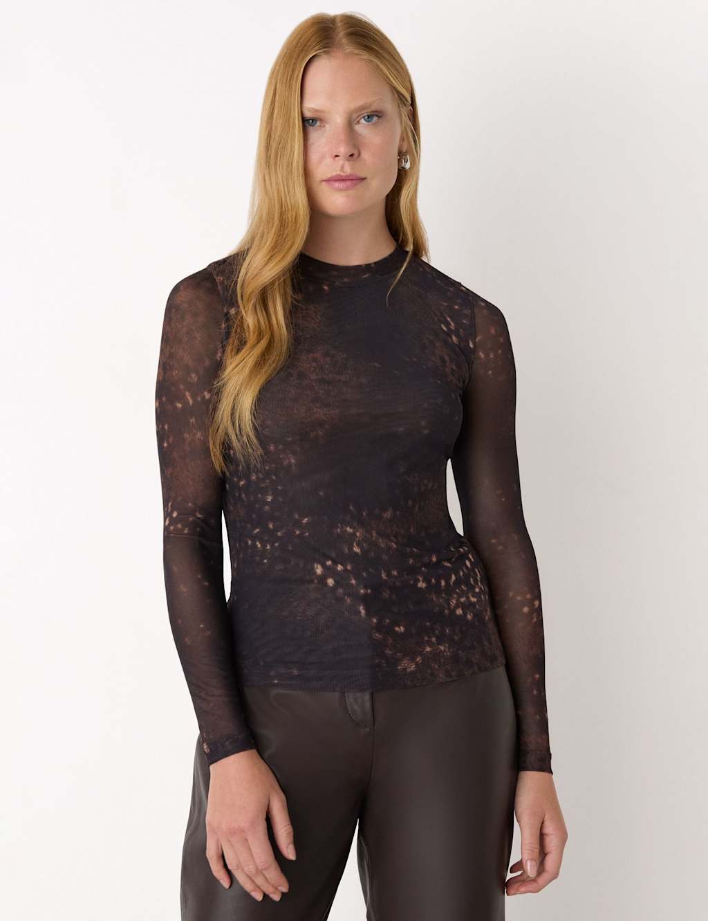 Whistles Mesh Spotted Animal Print Top Brown Mix