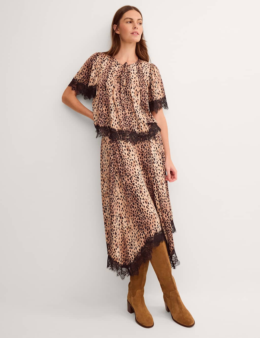 Monsoon Women's Printed Lace Hanky Hem Midi A-Line Skirt - 16 - Brown Mix - Available at M&S