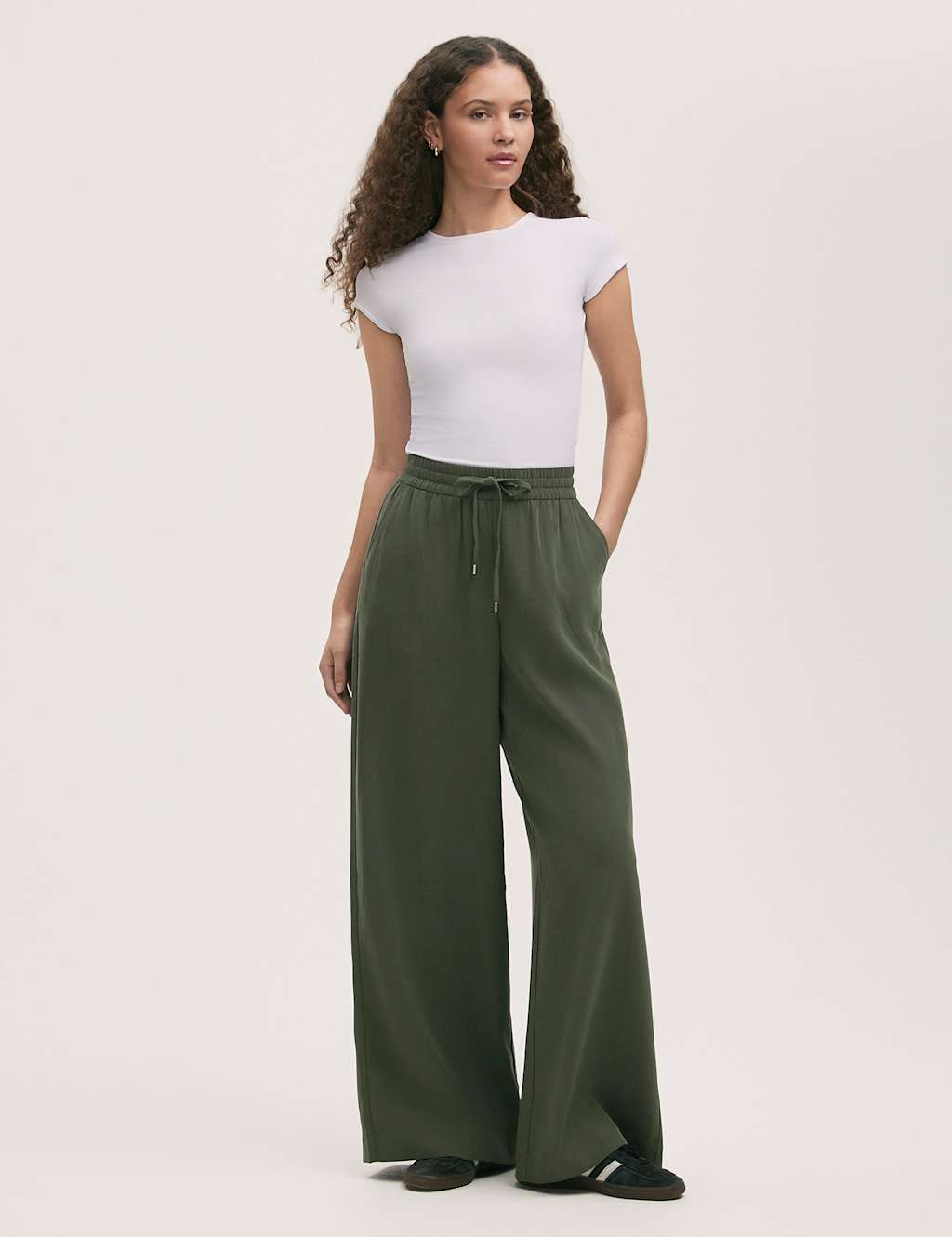Finery London Drawstring Wide Leg Trousers Khaki